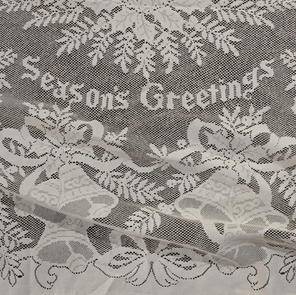Vintage Cream Lace Rectangle Seasons Greetings Christmas Tablecloth Bells